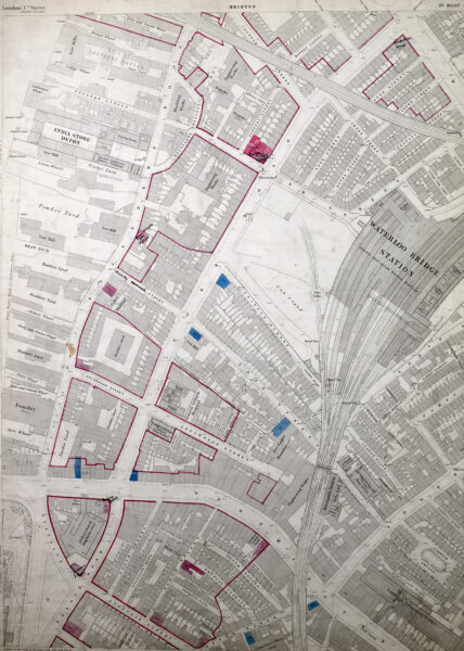 Map showing location of public houses in the area between Belvedere Road, Waterloo Road and Westminster Bridge Road, c. 1881. ECE/11/5/346