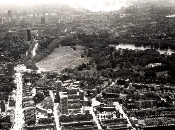 General view of Hyde Park Estate with Battersea Power station still in use, 1970. ECE/11/5/393