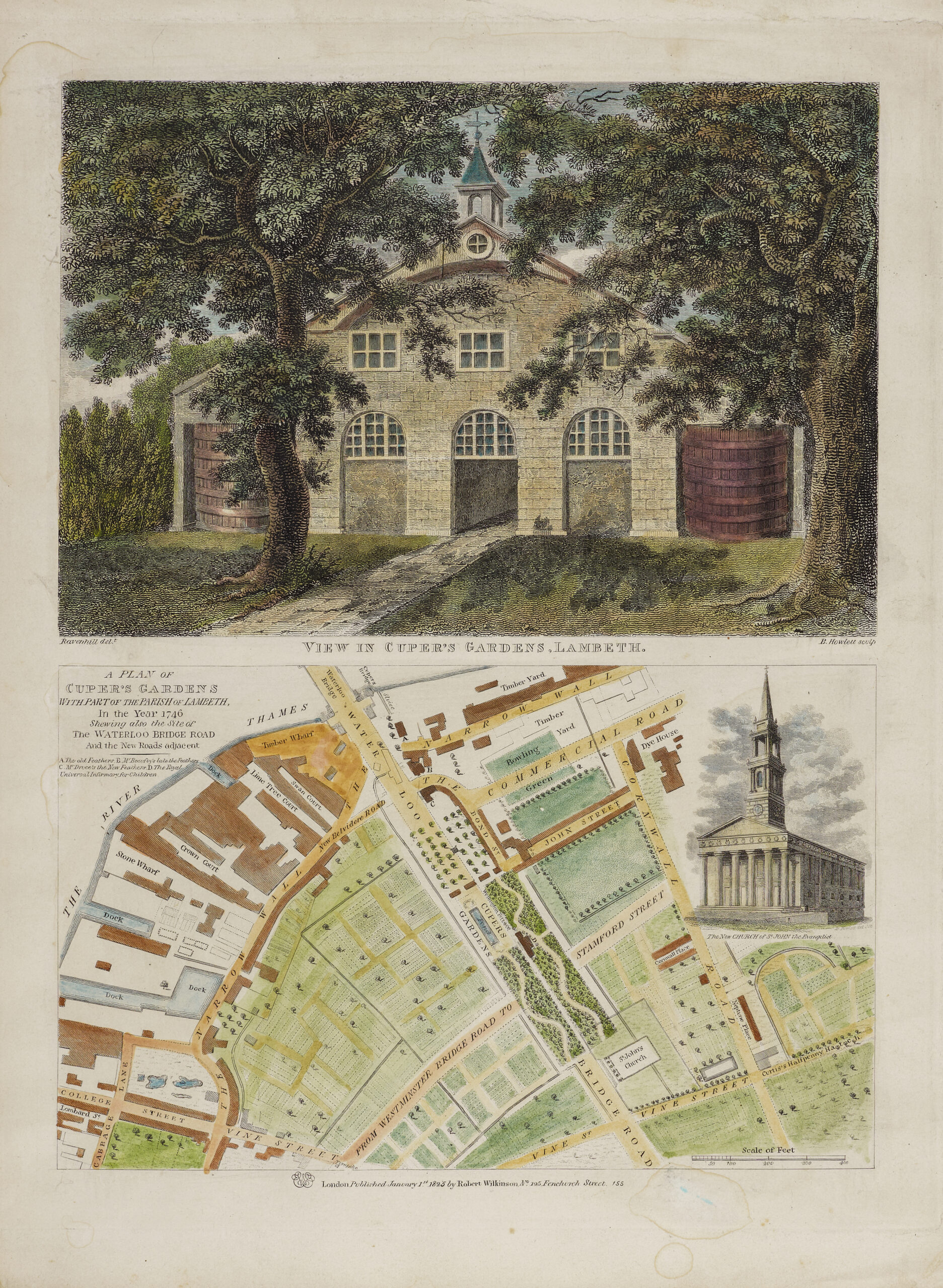 A view of the entrance to Cuper’s Gardens, with a map underneath showing the approach to Waterloo Bridge with a vignette of St. John's Church, Waterloo. Prints 016/023