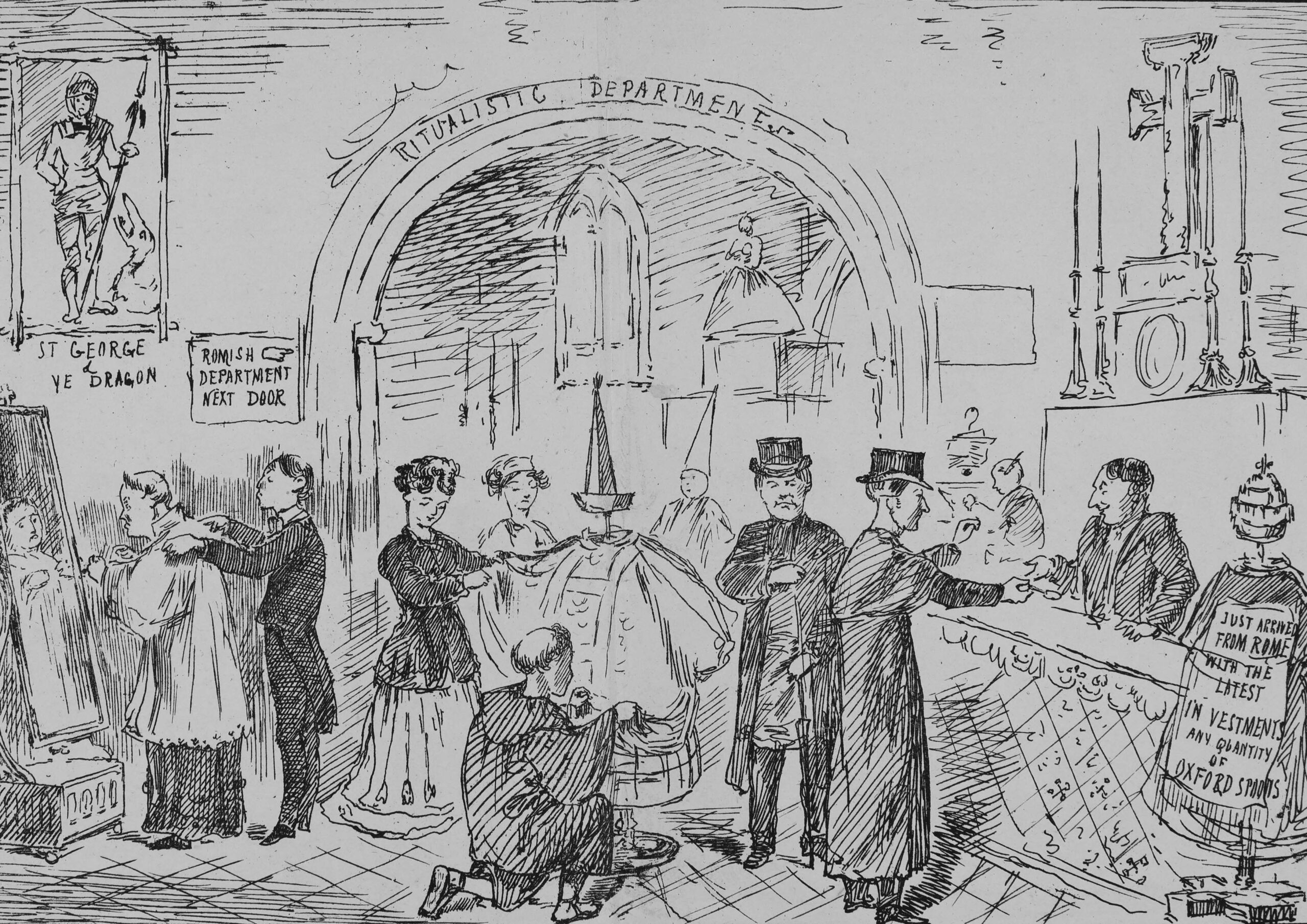 Satirical image showing Anglican clergy shopping for candles and vestments in the 'Ritualistic Department'.