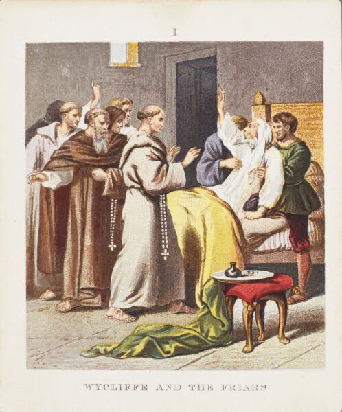 John Wycliffe on his deathbed surrounded by friars hoping for a recantation