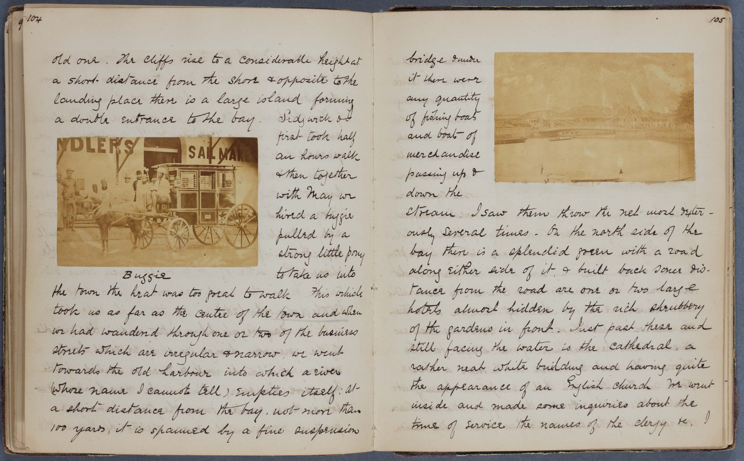 Part of the account of Henry Evington's time in Singapore in 1874 with photographs of a buggie and the harbour