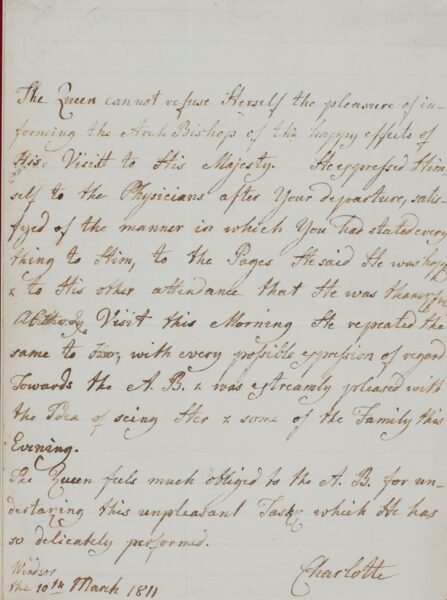Letter from Queen Charlotte to Archbishop Manners-Sutton detailing the King's reaction to his son being appointed regent