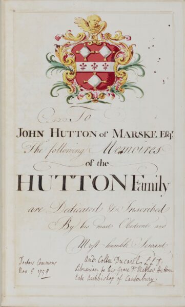 Dedication page displaying a watercolour of the coat of arms of the Hutton family of Marske.