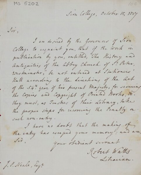 Letter in which Sion Librarian, Robert Watts, requests a copy of The history and antiquities of the abbey church of St. Peter, Westminster