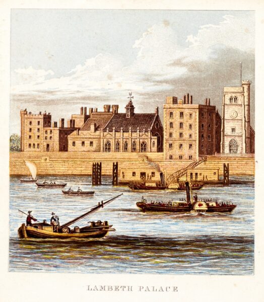 Lambeth Palace as viewed from the river with boats in the foreground