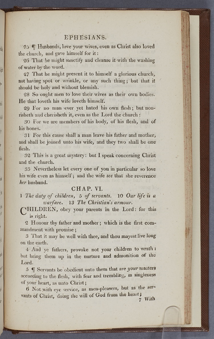Page from  Ephesians from 'Select sections of the Holy Bible for the use of the Negro Slaves', emphasising obedience to masters.