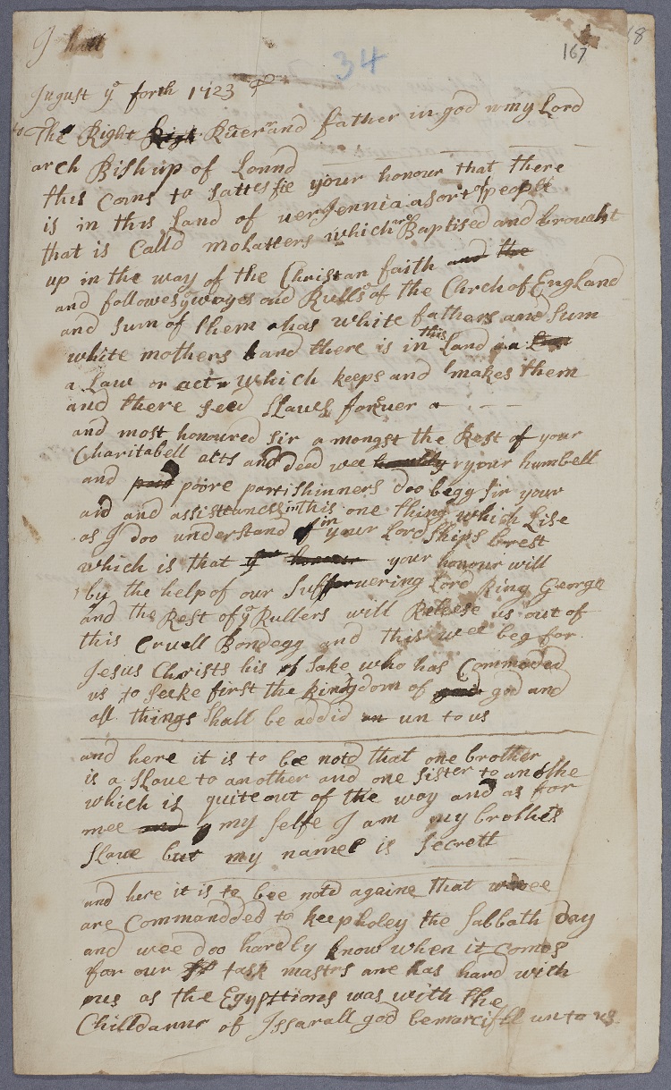 Letter from an anonymous enslaved person to the 'Arch Bishop of London' giving n account of the abusive practices at a plantation.