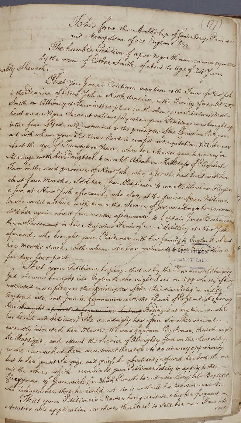 First page of a petition from Esther Smith, a slave, to Archbishop Secker.