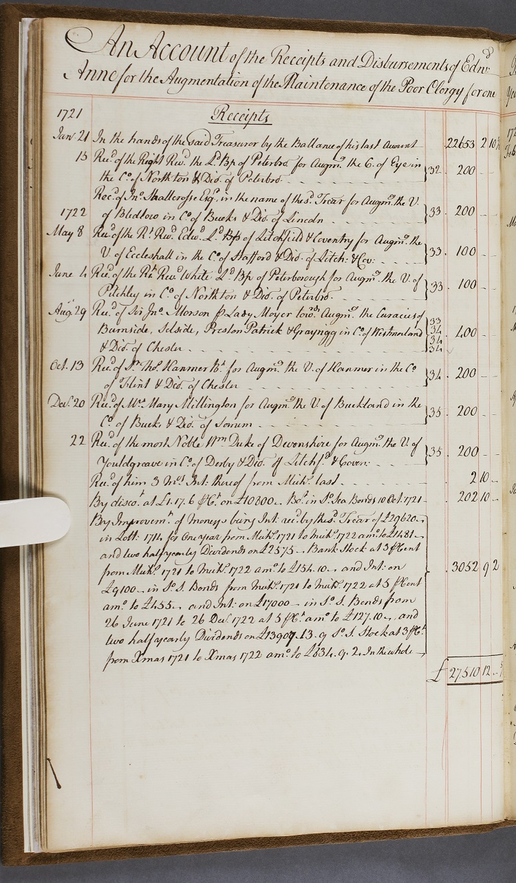 Page from Queen Anne’s Bounty Accounts Ledger v. 1, showing dividends from the South Sea Company