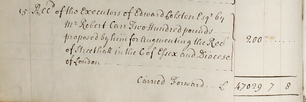 An entry from Queen Anne’s Bounty Accounts Ledger vol. 3 showing £9 was received from the executors of Edward Colston. 