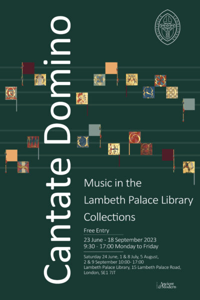 Cantate Domino poster with exhibition details. Poster is black with musical notation.
