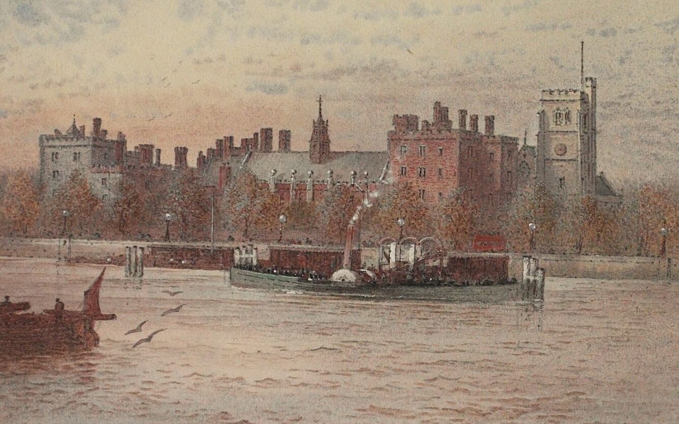 Watercolour of Lambeth Palace from the river with a steamboat in the foreground.