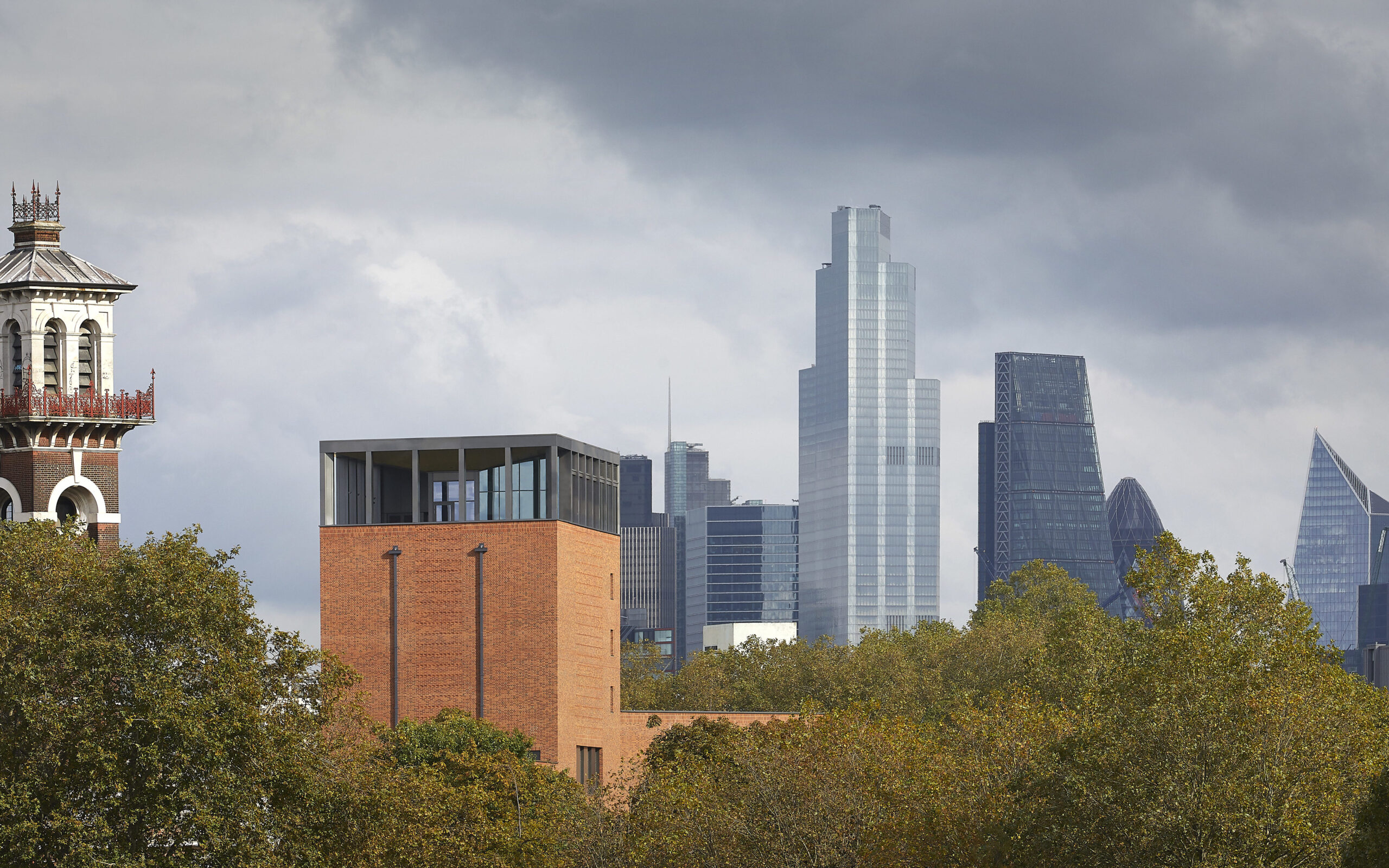 The central tower of the new Lambeth Palace Library as viewed from north of the Thames.