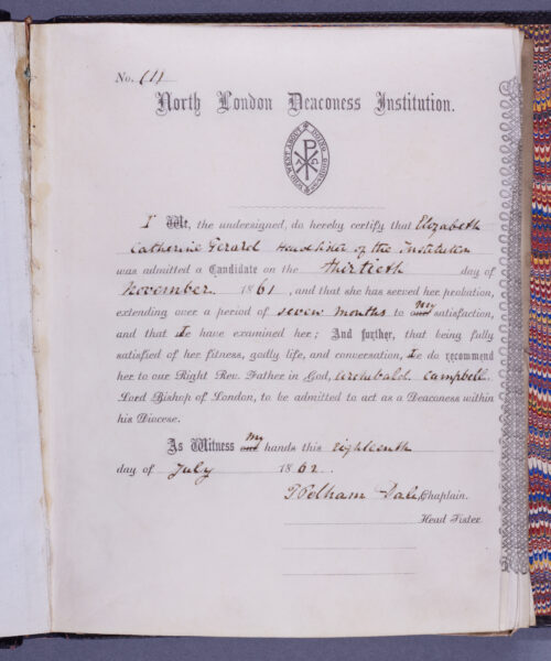 Licence admitting Elizabeth Ferard to the office of deaconess, the first licence in the book.