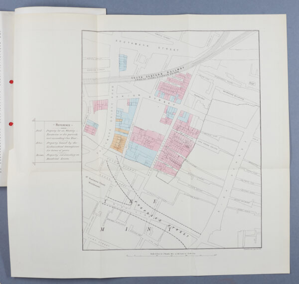 Map, colour coded by tenancy type, showing where Octavia Hill was employed as a Property Manager.